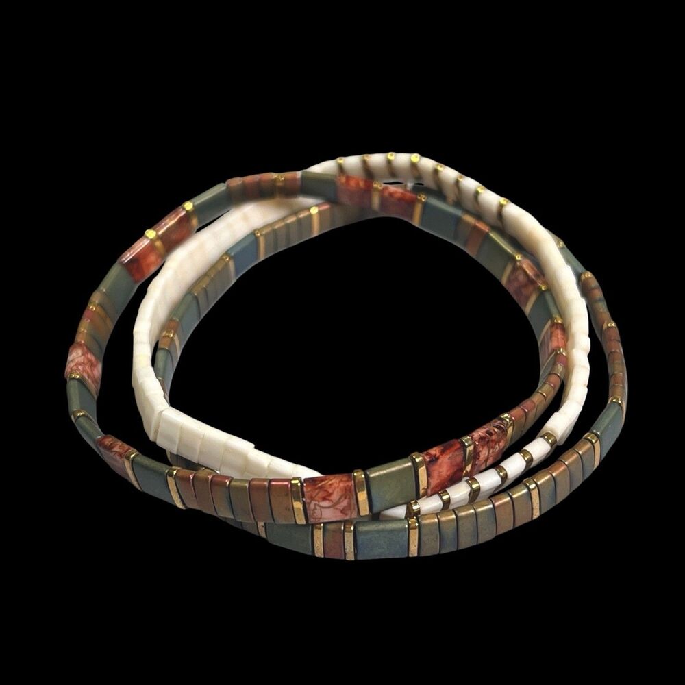 Tile Bead Stretch Bracelet Set Of 3 Boho Lightweight Green Gold Tone Stackable